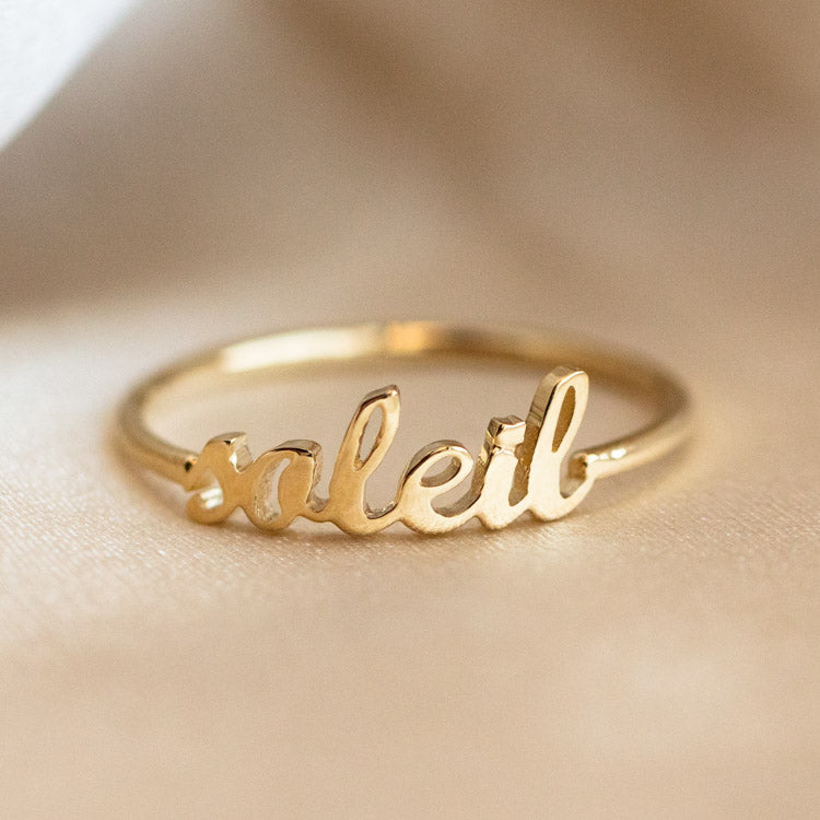 "Say My Name" 14K Custom Cursive Letter Ring fine solid yellow gold jewelry charlie and marcelle dainty