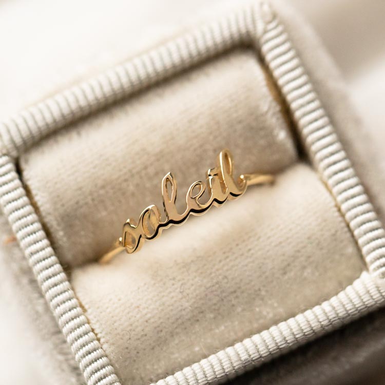 "Say My Name" 14K Custom Cursive Letter Ring fine solid yellow gold jewelry charlie and marcelle dainty