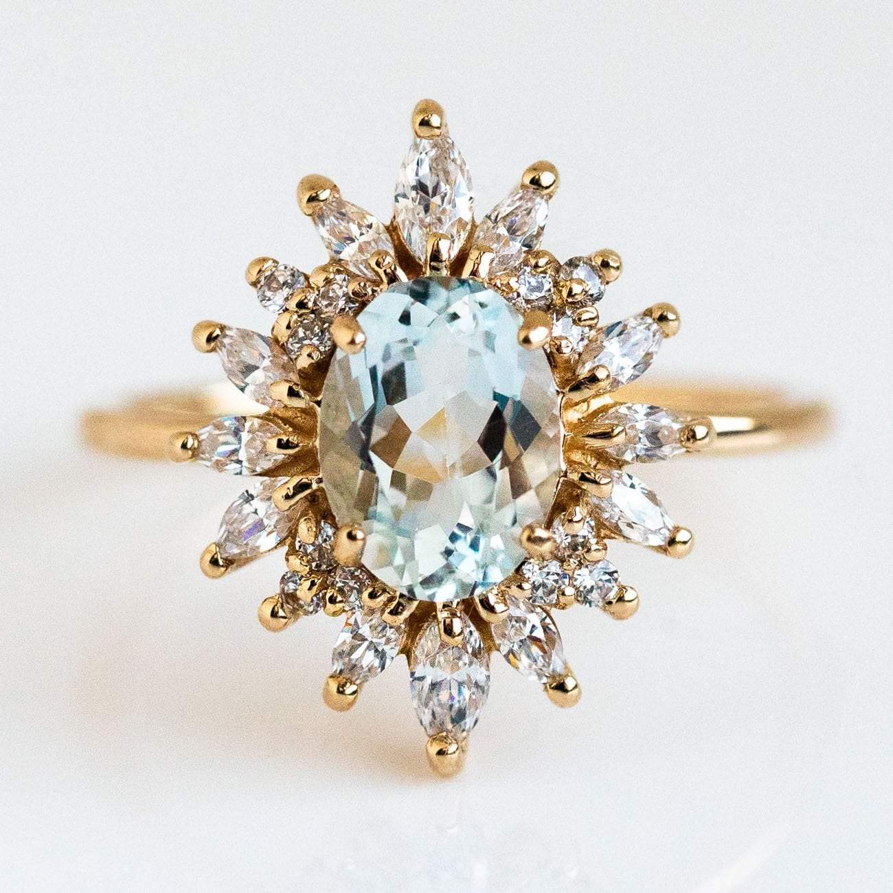 Natural Sky Blue Aquamarine Marquise Cut CZ Statement Solid Yellow Gold Ring