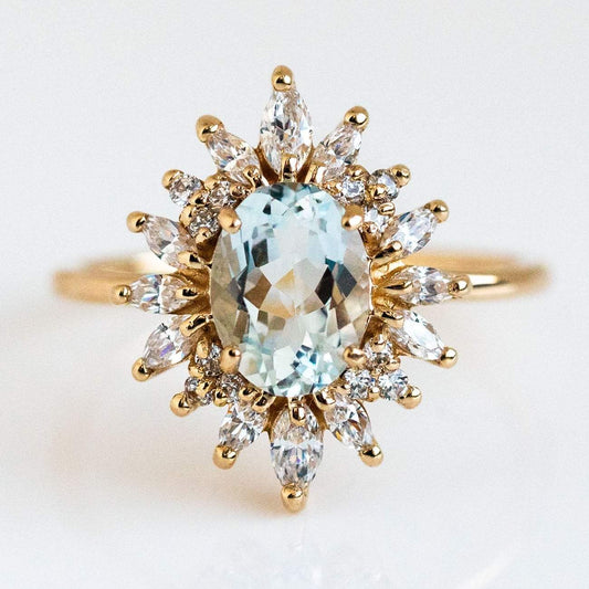 Natural Sky Blue Aquamarine Marquise Cut CZ Statement Solid Yellow Gold Ring