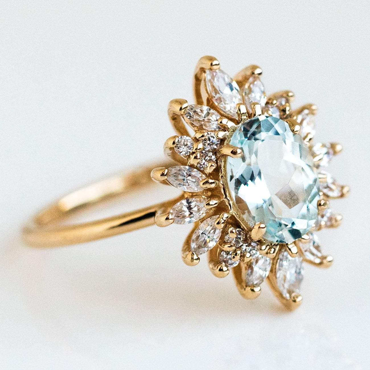 Natural Sky Blue Aquamarine Marquise Cut CZ Statement Solid Yellow Gold Ring