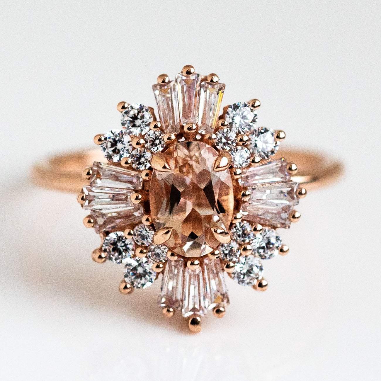 Solid Rose 14k Gold Vintage Art Deco Inspired Statement Ring Morganite