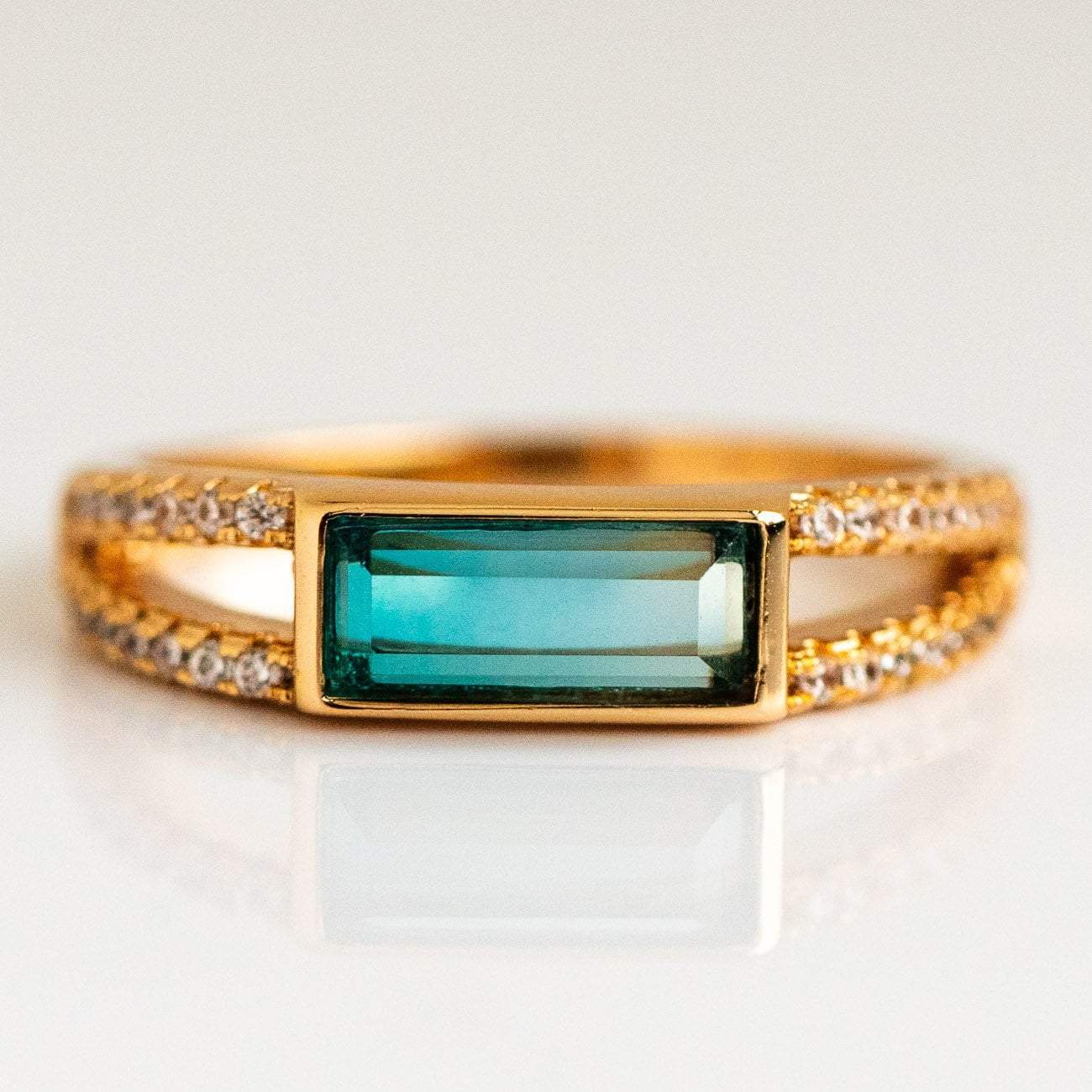 Emerald Cut Blue Tourmaline Gold Ring with Diamonds