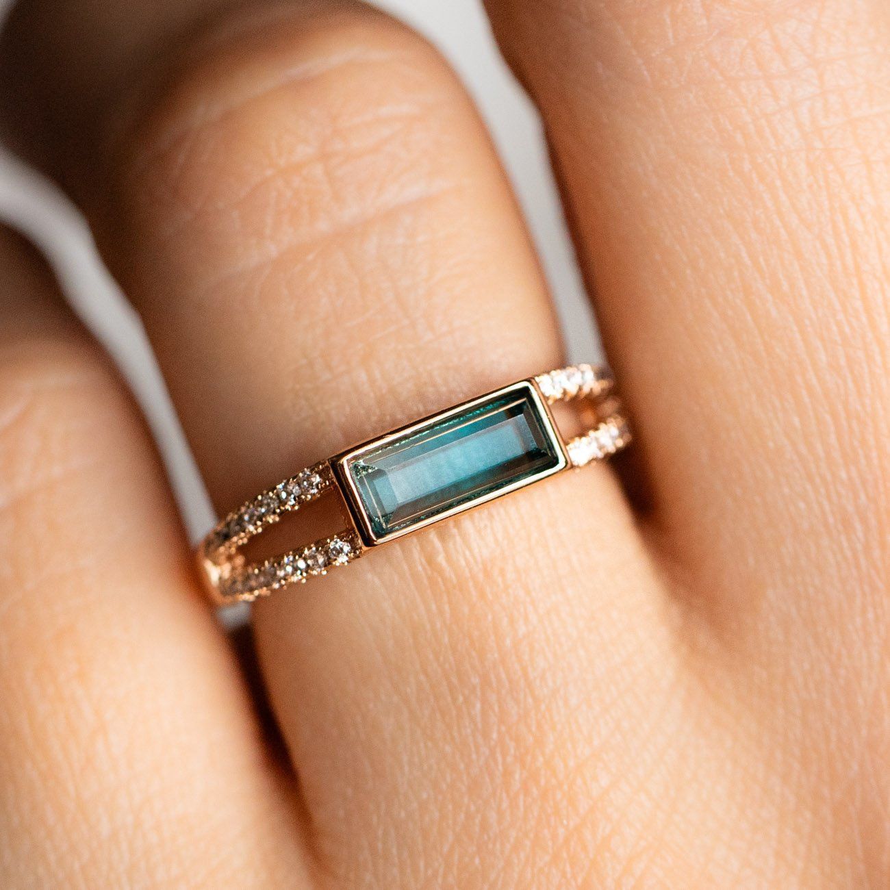 Emerald Cut Blue Tourmaline Gold Ring with Diamonds
