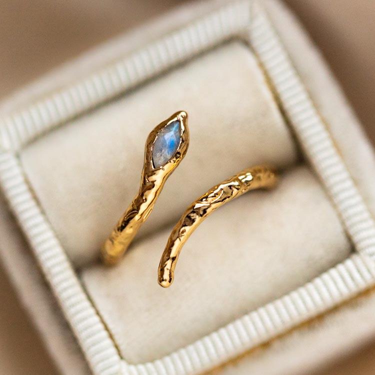 Mystic Serpent Ring in Labradorite yellow gold modern snake inspired jewelry
