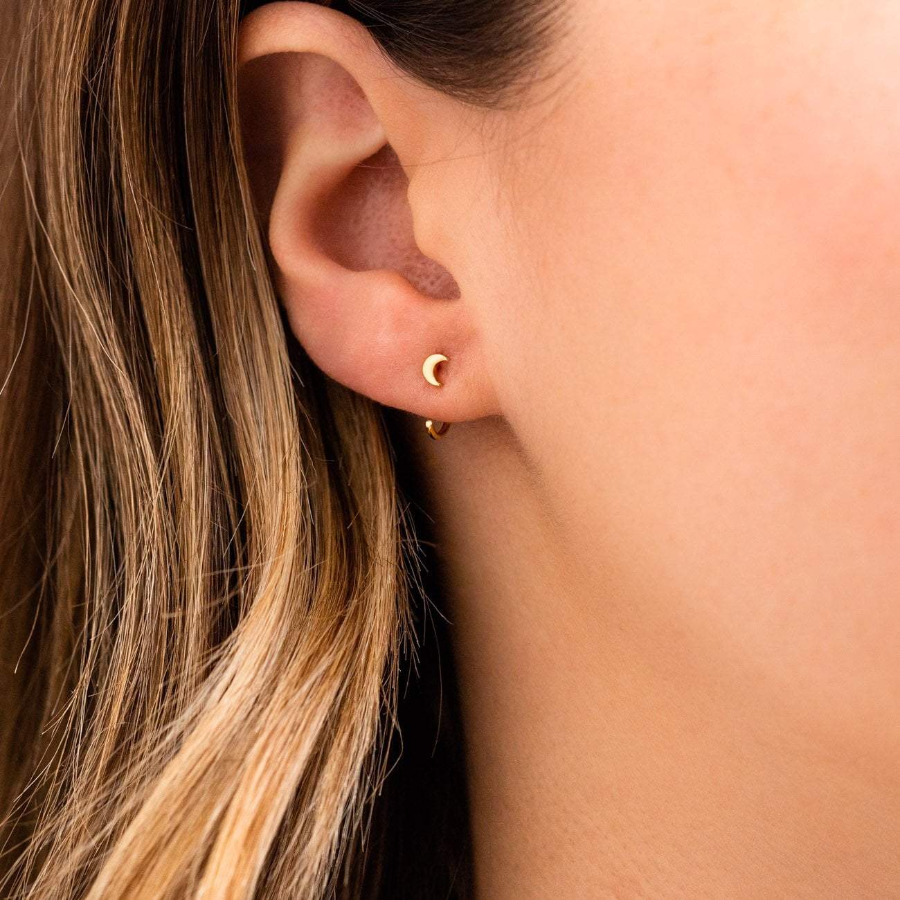 Local Eclectic Tiny Moon Stud Hugger Earrings in Yellow Gold