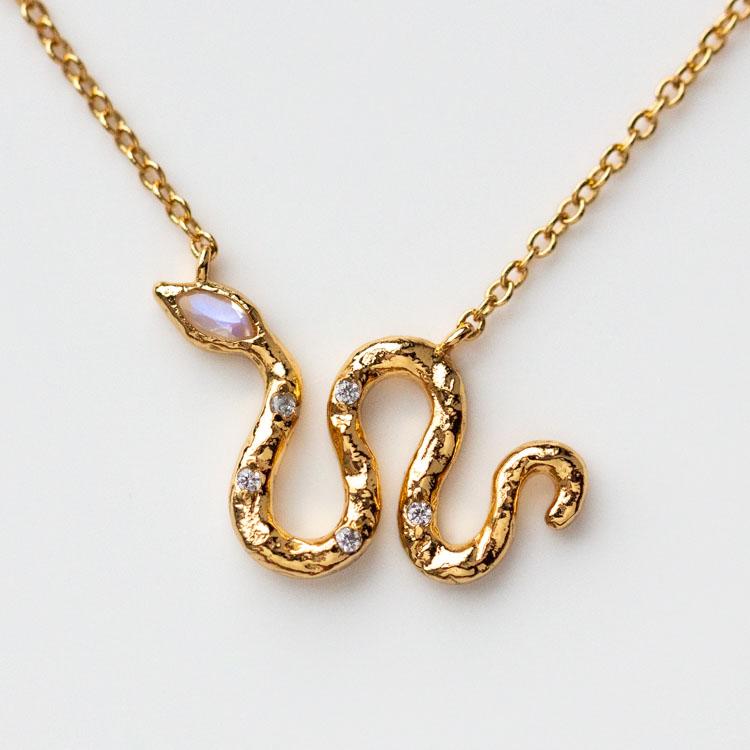 Slither Necklace in Moonstone yellow gold snake inspired jewelry