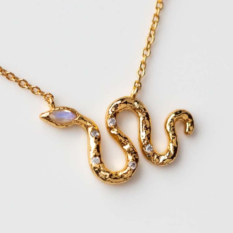Slither Necklace in Moonstone yellow gold snake inspired jewelry