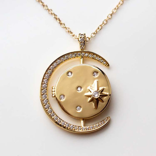 Luna Locket Necklace unique celestial inspired yellow gold jewelry moon star