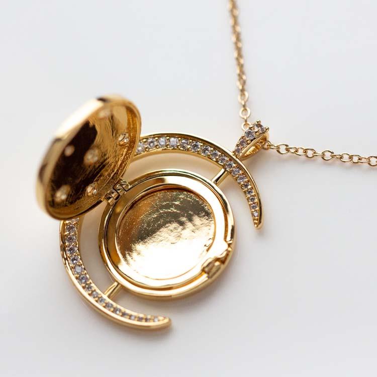 Luna Locket Necklace unique celestial inspired yellow gold jewelry moon star