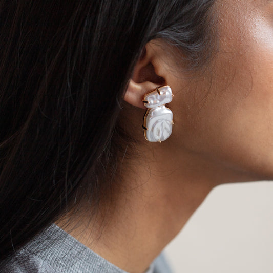 Local Eclectic Solid Gold Pearl and White Sapphire Drop Earrings