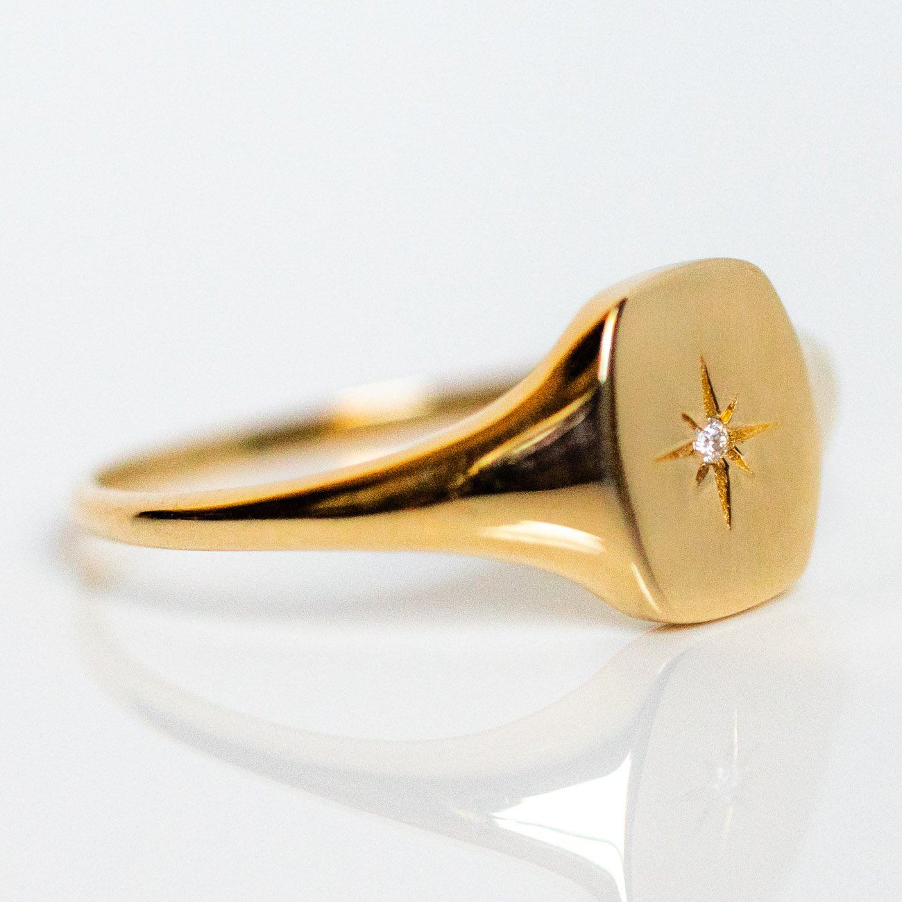Local Eclectic Sold Gold Signet Ring with Diamond