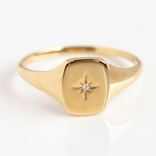 Solid Gold Diamond Star Signet Ring