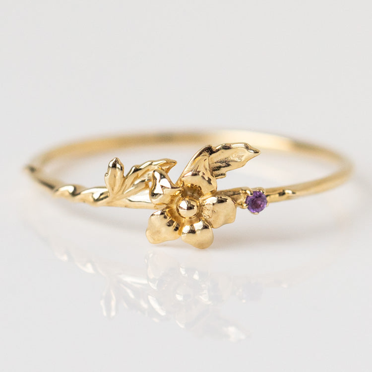 Local Eclectic Gold Birth Flower Ring with Birth Month Stone February Amethyst