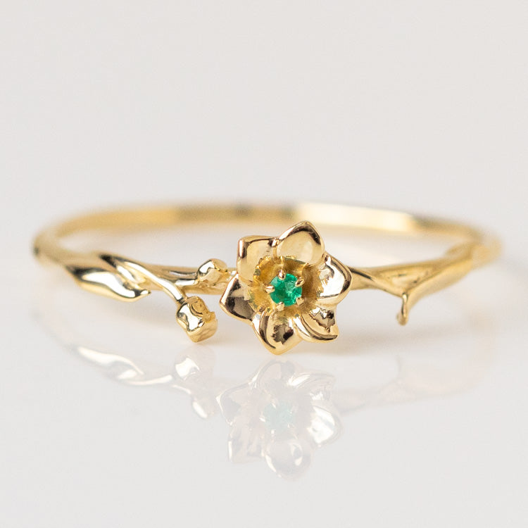 Local Eclectic Gold Birth Flower Ring with Birth Month Stone May Emerald