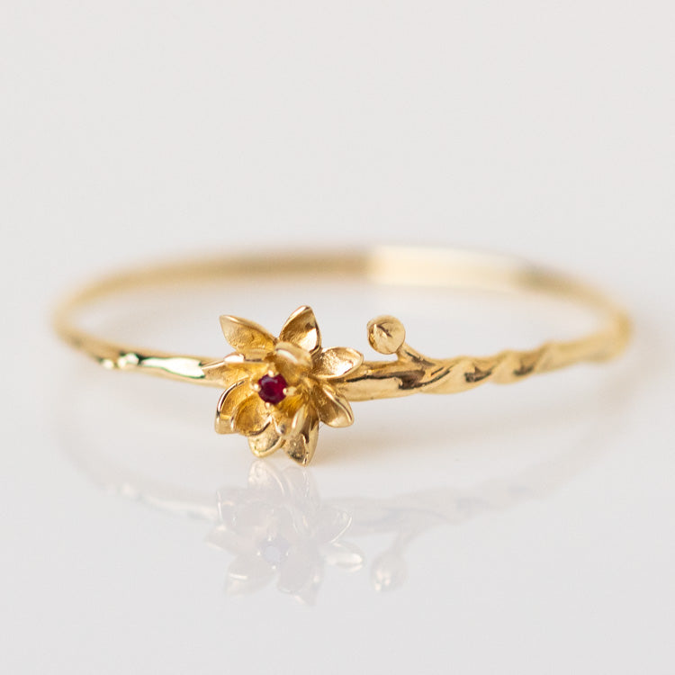 Local Eclectic Gold Birth Flower Ring with Birth Month Stone July Ruby