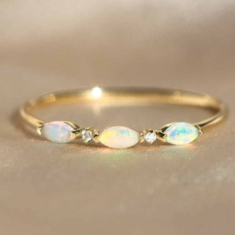 Solid Gold Triple Opal and Diamond Band solid yellow gold fine dainty jewelry family gold
