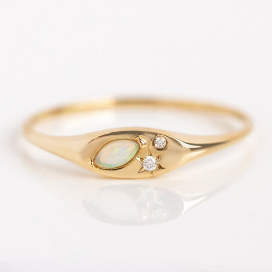 Solid Gold Opal and Diamond Signet Ring