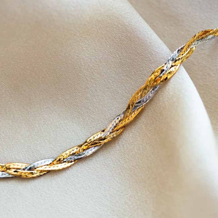 Solid Gold Mixed Metal Braided Bracelet yellow and white gold modern jewelry family gold