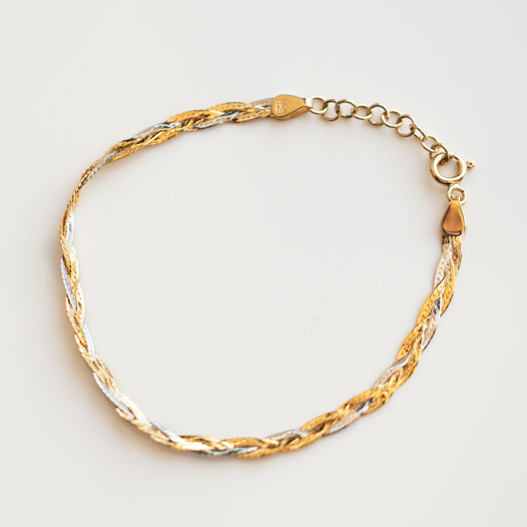 Solid Gold Mixed Metal Braided Bracelet yellow and white gold modern jewelry family gold