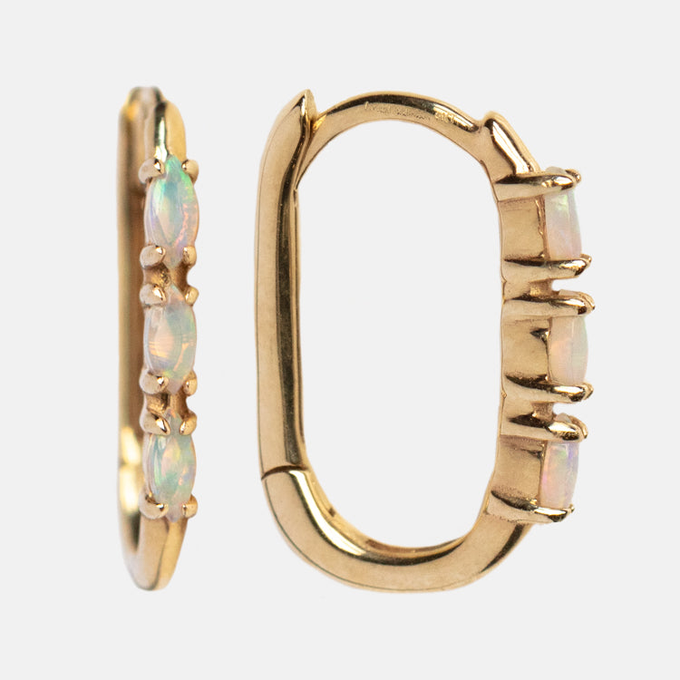 Solid Gold Opal Oblong Huggie Hoops