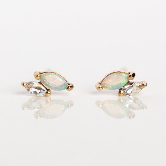 Solid Gold Opal and White Topaz Marquise Studs