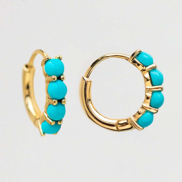 Solid Gold Turquoise Huggie Hoops yellow gold modern jewelry family gold