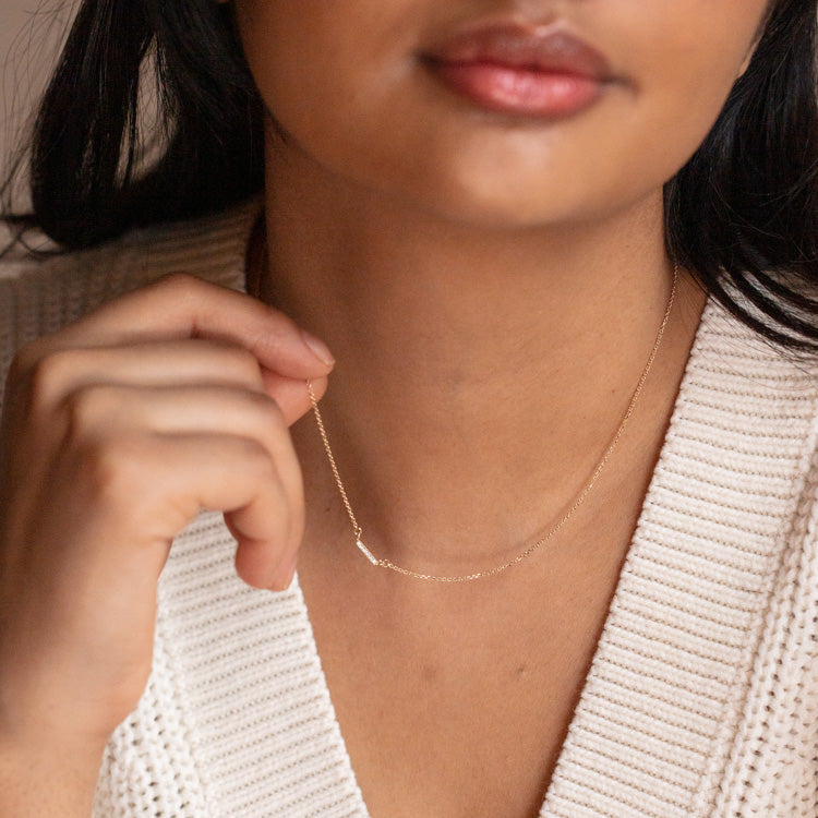 Solid Gold Dainty Diamond Bar Necklace