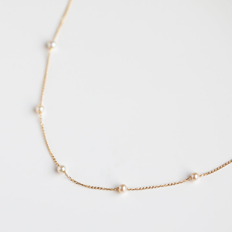 Solid Gold Delicate Pearl Chain Necklace