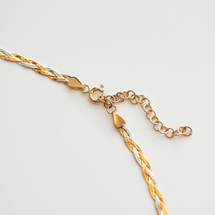 Solid Gold Mixed Metal Braided Necklace yellow and white gold statement modern jewelry family gold