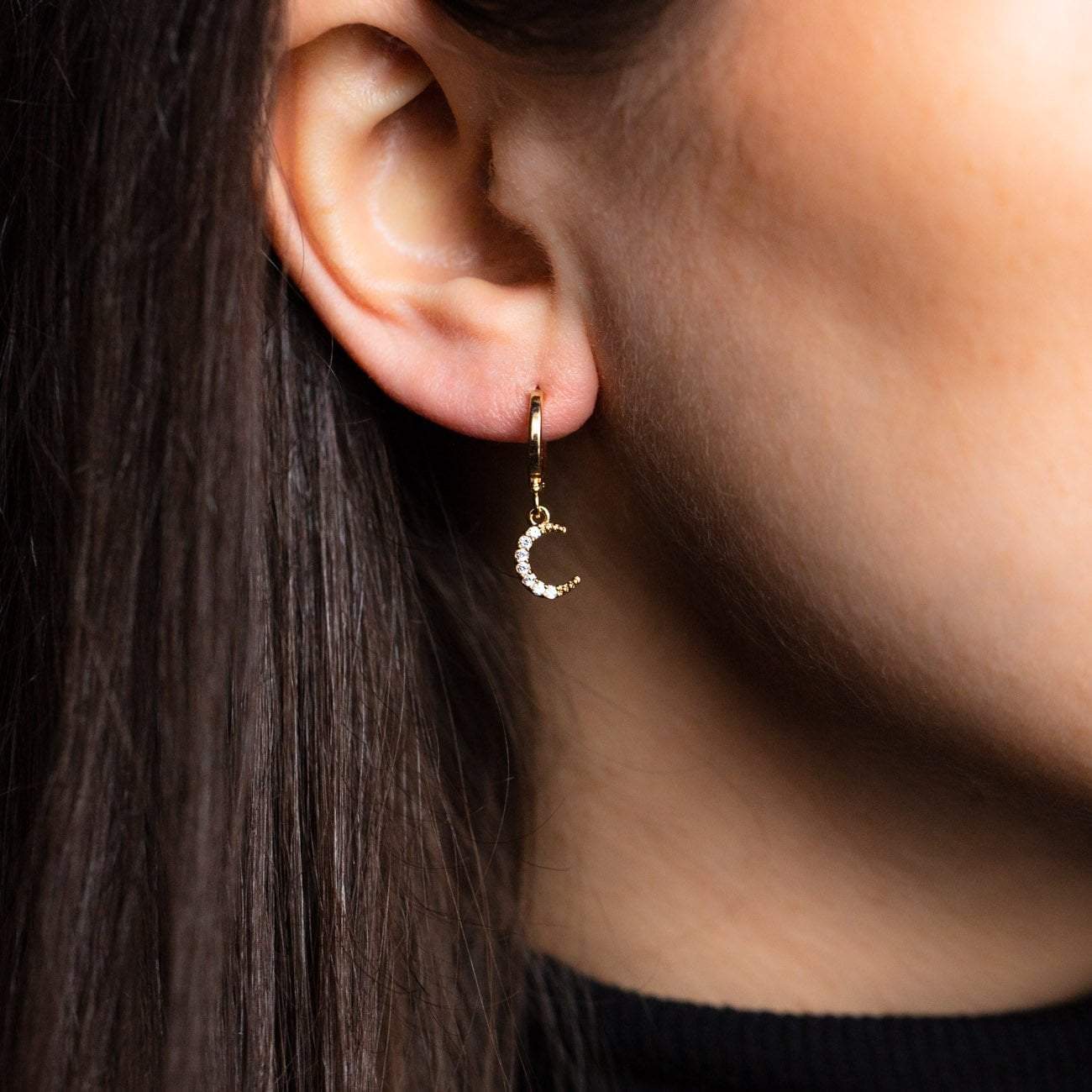 Local Eclectic Gold Star and Moon Hoop Earrings on Ear