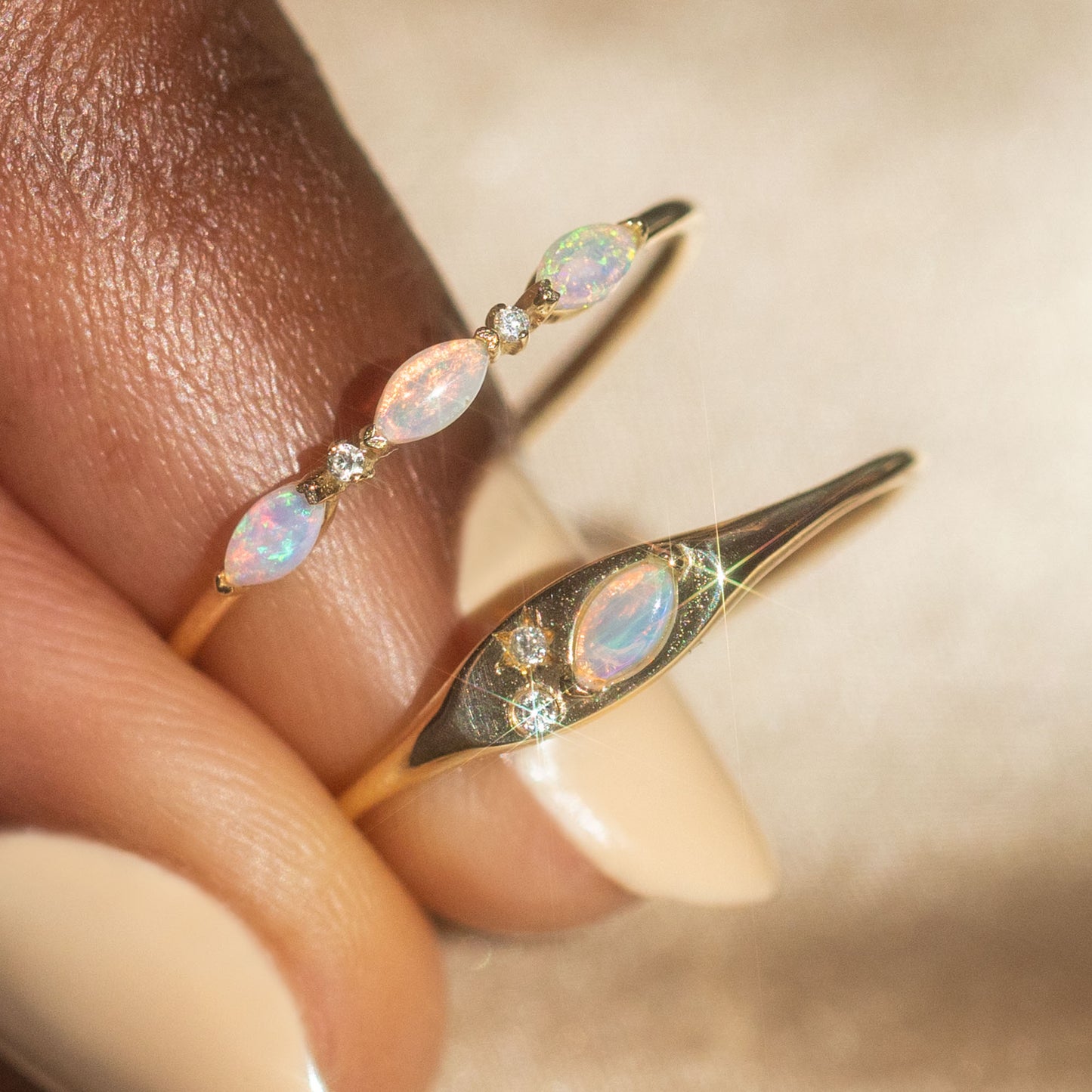 Solid Gold Triple Opal and Diamond Band
