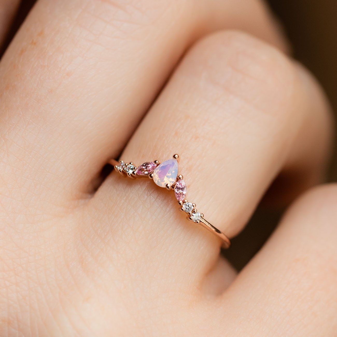 Girls Crew Exclusive Design 18K Rose Gold Pink Opal Dainty Ring