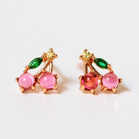 cherry stud earrings unique yellow gold colorful stone dainty fruit jewelry