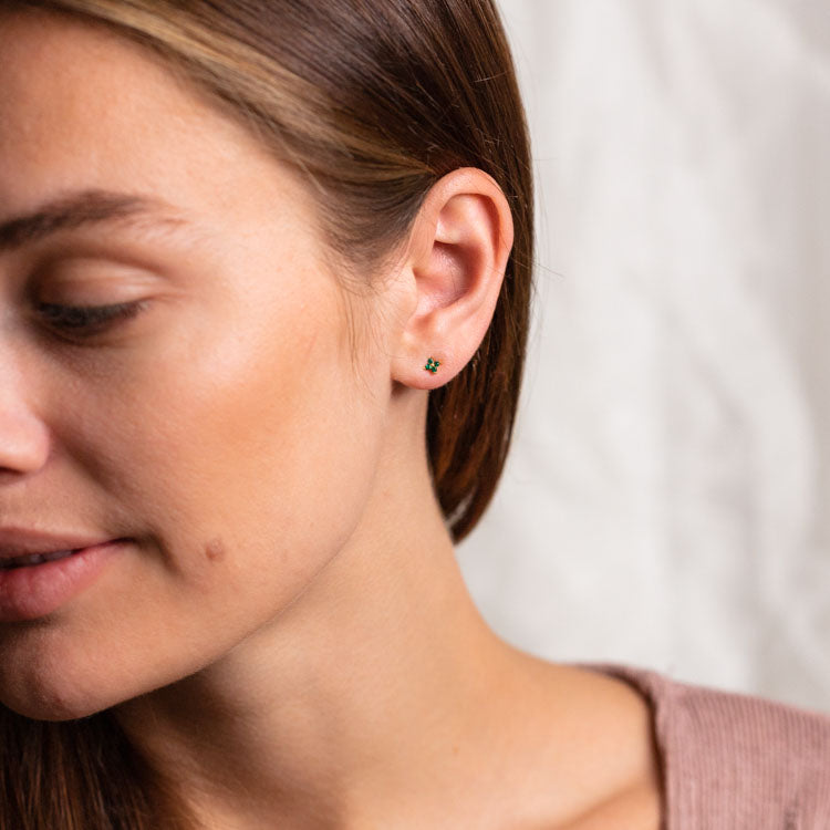 Teeny Tiny Emerald Cluster Studs dainty yellow gold earrings girls crew