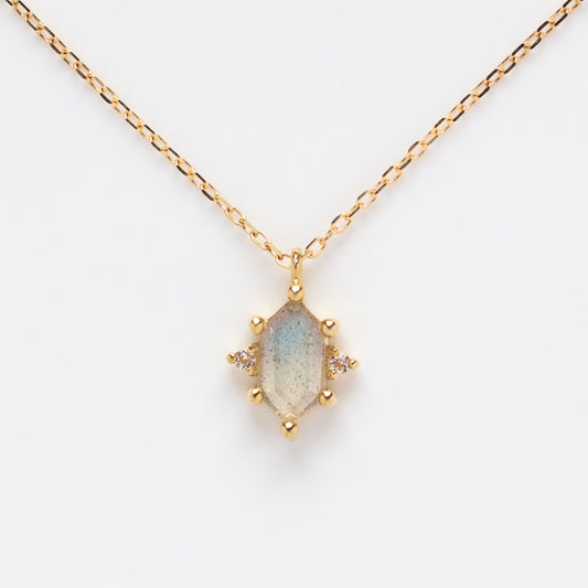 Solid Gold Mystic Labradorite Hexagon Necklace for Protection