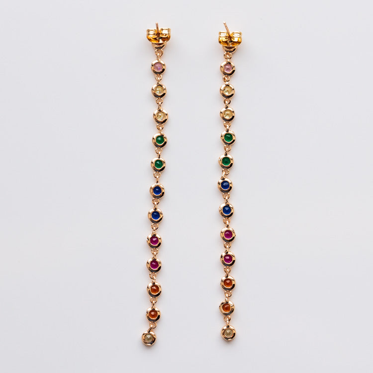 Cici Bezel Long Duster Earrings in Rainbow yellow gold dainty dangle colorful jewelry lili claspe