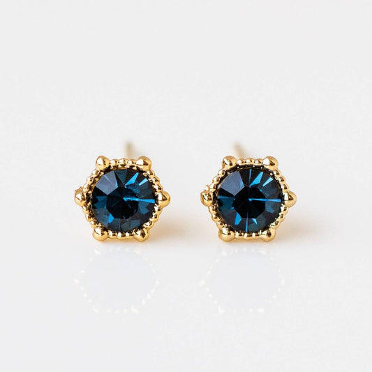 astrid stud earrings blue montana swarovski crystals yellow gold jewelry