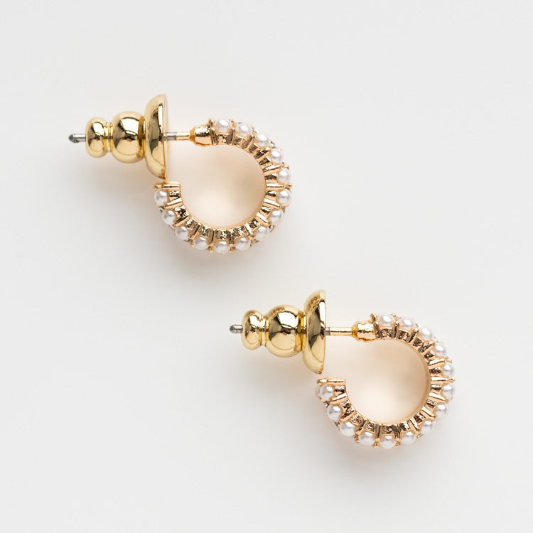 Marissa Huggie Hoop Earrings yellow gold pearl hoops modern jewelry olive + piper