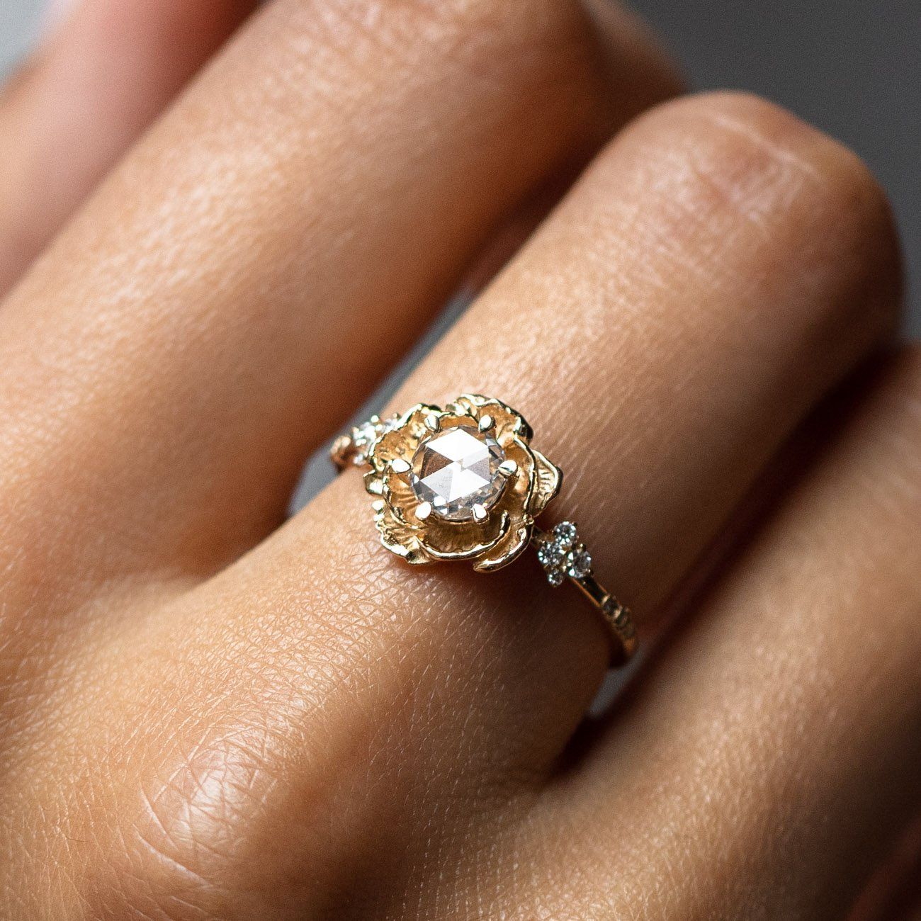 rosecut diamond paeonia ring yellow gold fine modern statement solid jewelry