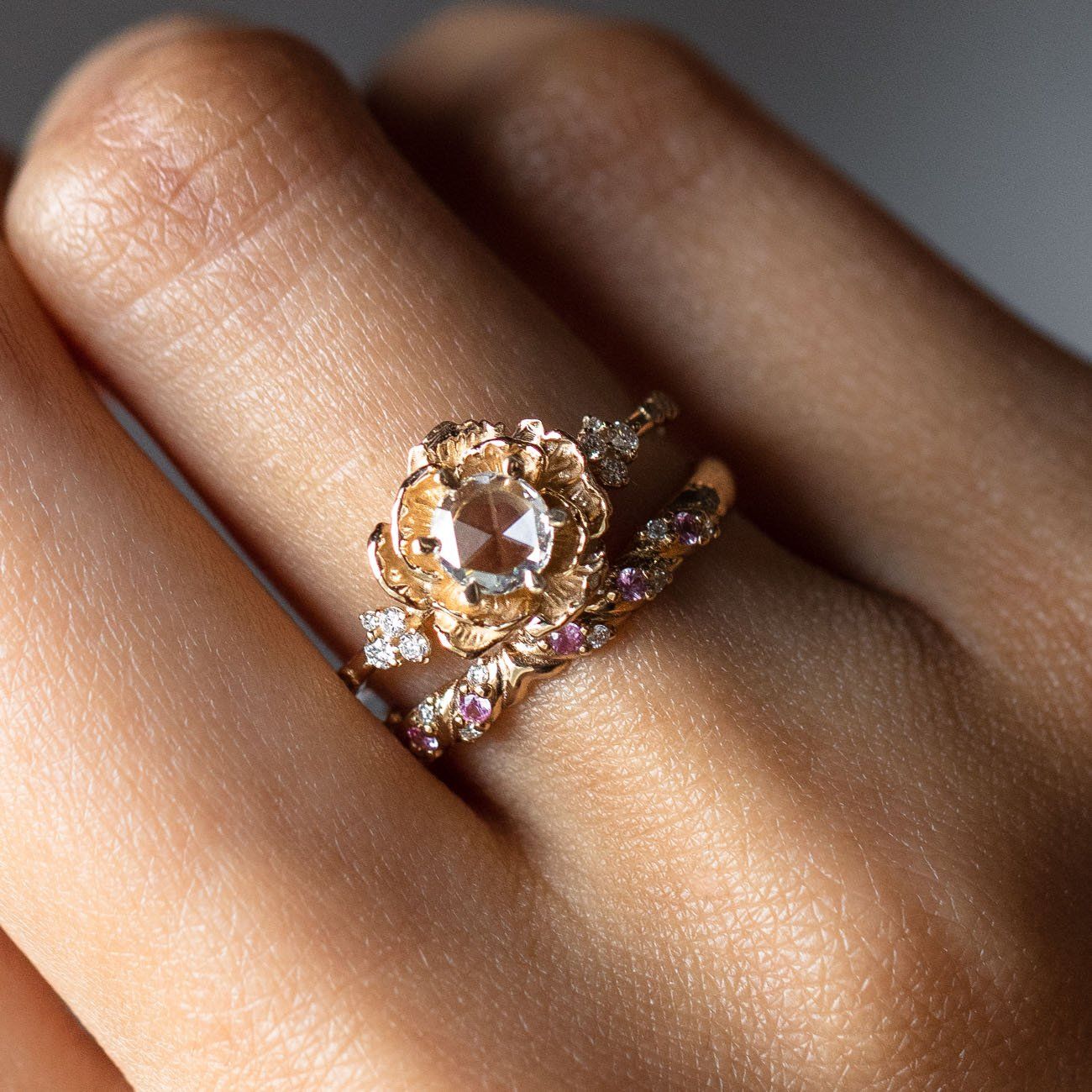 rosecut diamond paeonia ring yellow gold fine modern statement solid jewelry