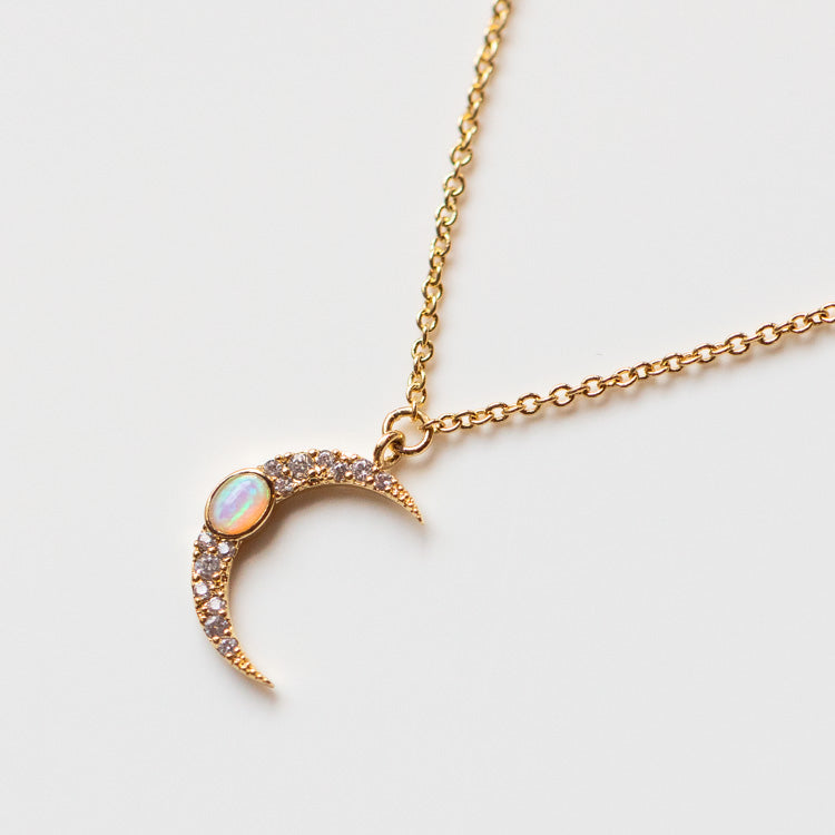 Crescent Moon Necklace with Opal and CZ necklaces Tai Jewelry 