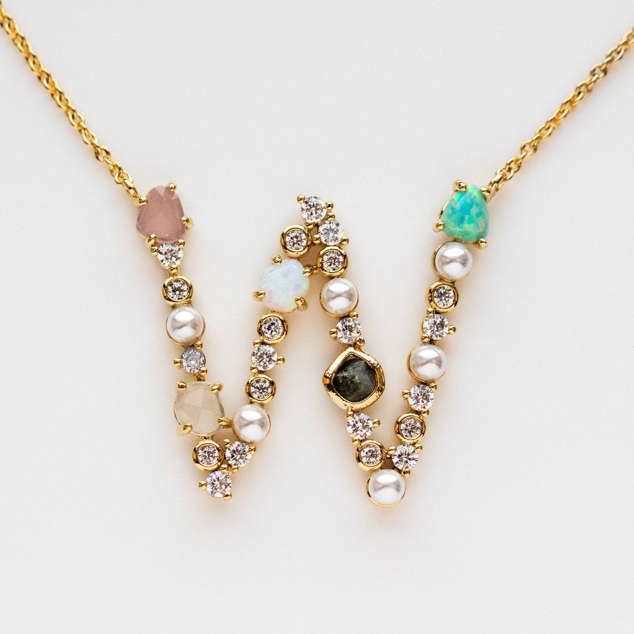 w initial stone monogram pendant necklace statement personalized jewelry