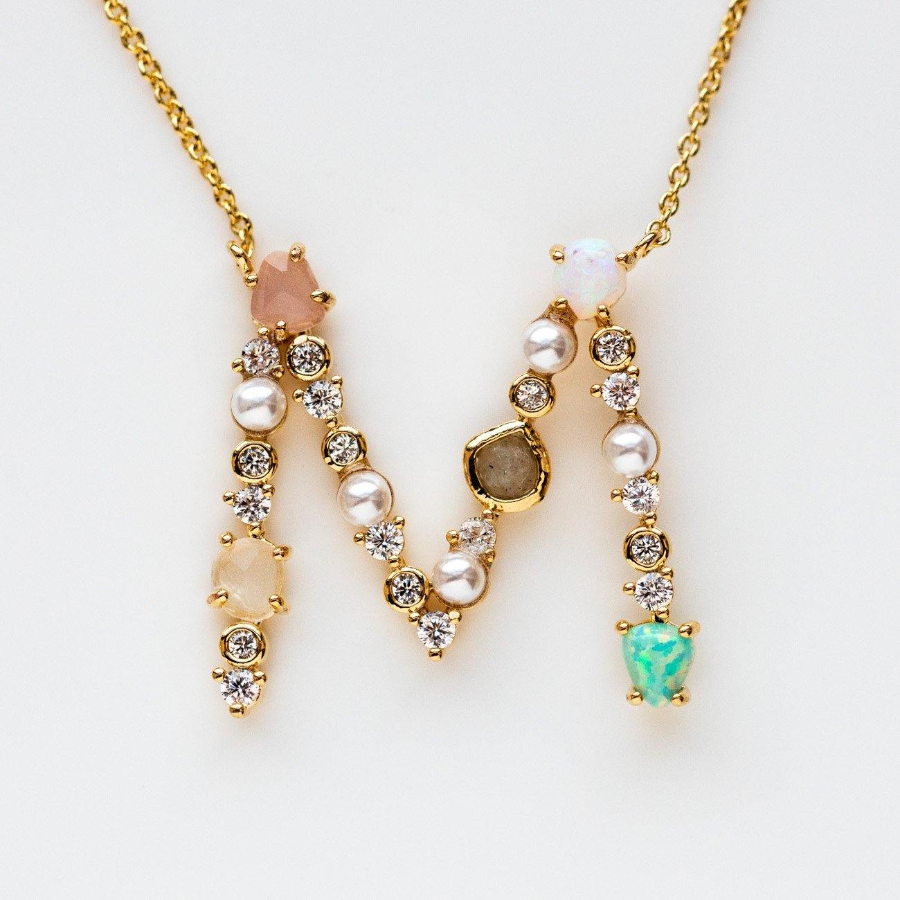m initial stone monogram pendant necklace statement personalized jewelry