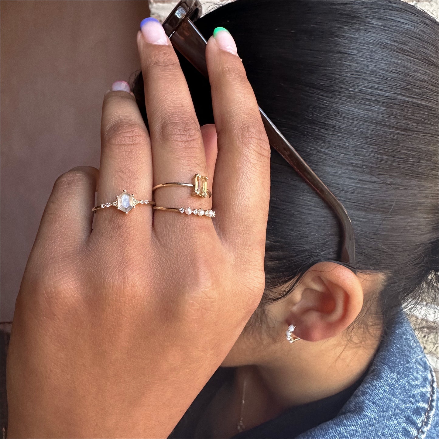 Solid Gold Mystic Labradorite Hexagon Ring for Protection