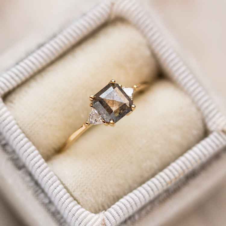 Icaria Ring with Salt and Pepper Rose Cut Diamond yellow gold engagement solid fine jewelry vale