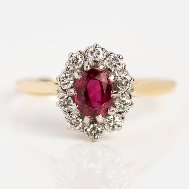 Vintage 18k Ruby and Diamond Halo Ring Size 6.75
