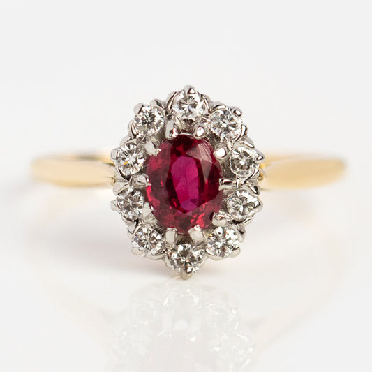 Vintage 18k Ruby and Diamond Halo Ring Size 6.75