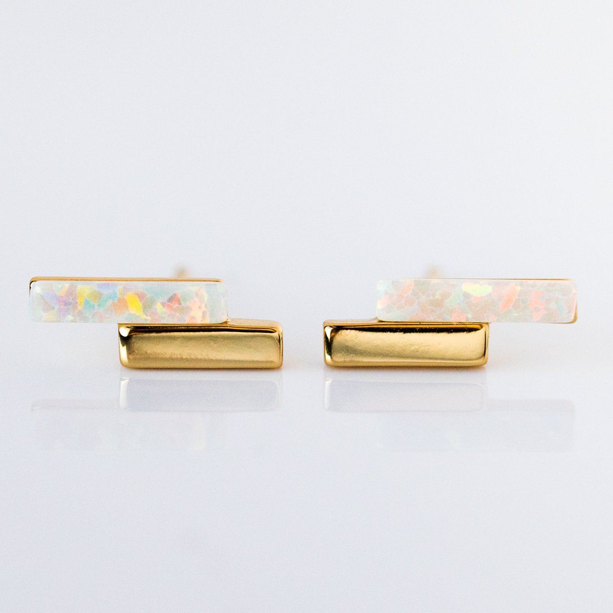 Local Eclectic Gold Mod Bar Gem Stud Earrings with Opal 