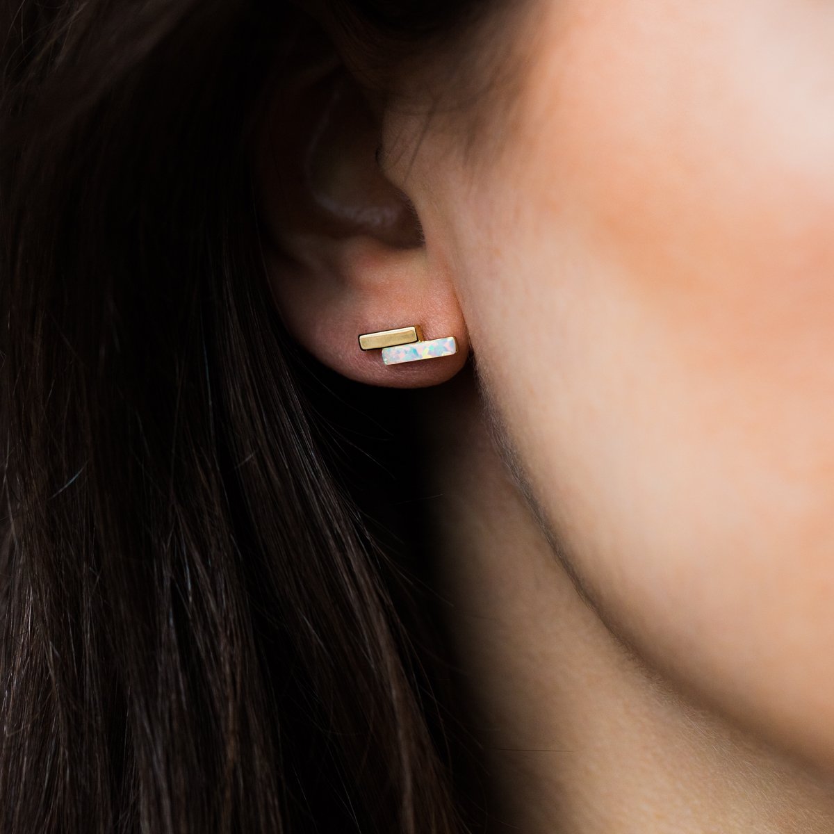 Local Eclectic Gold Mod Bar Gem Stud Earrings with Opal 